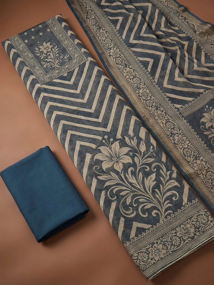 Blue Linen Blend Printed Unstitched Dress Material
