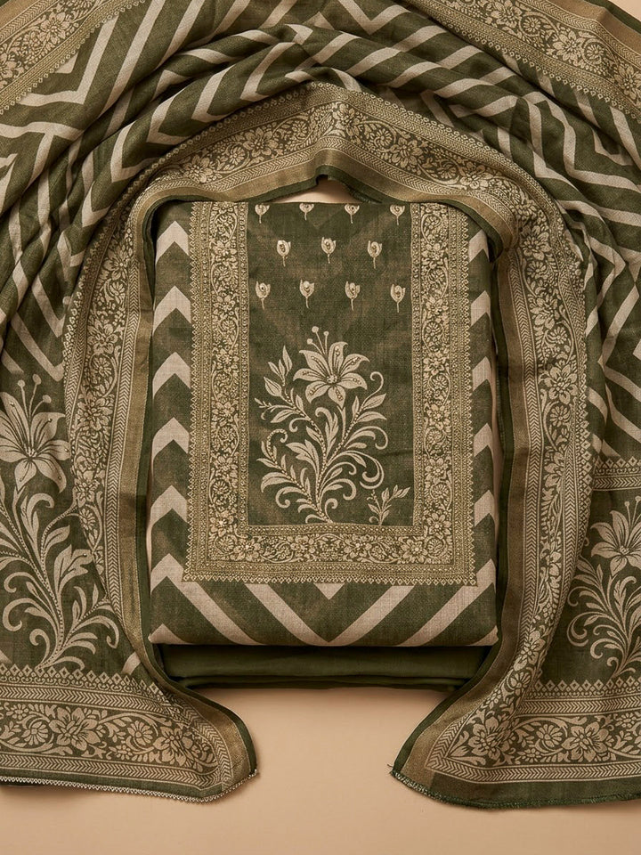 Green Linen Blend Printed Unstitched Dress Material