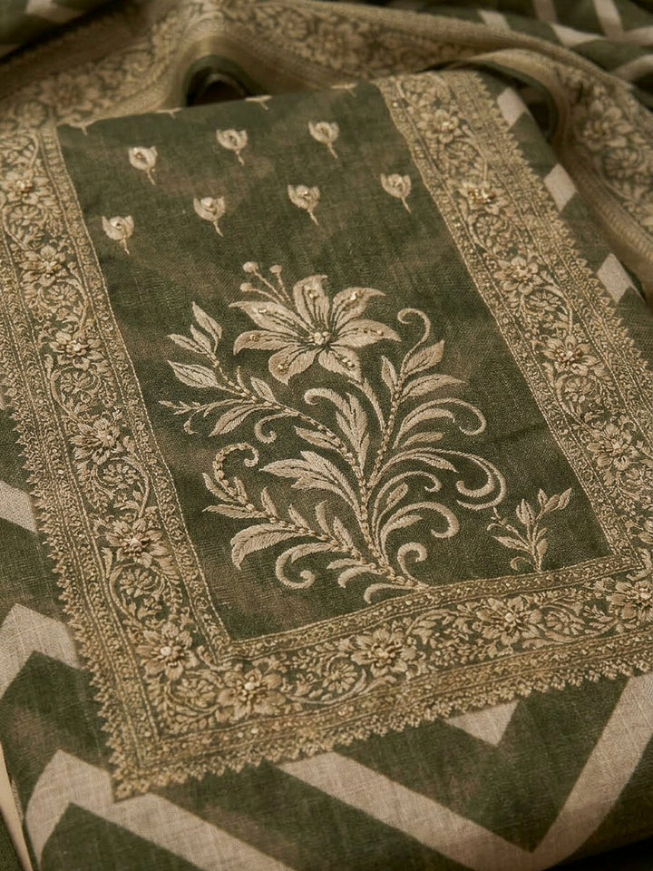 Green Linen Blend Printed Unstitched Dress Material