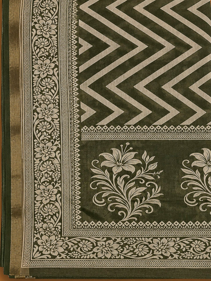 Green Linen Blend Printed Unstitched Dress Material
