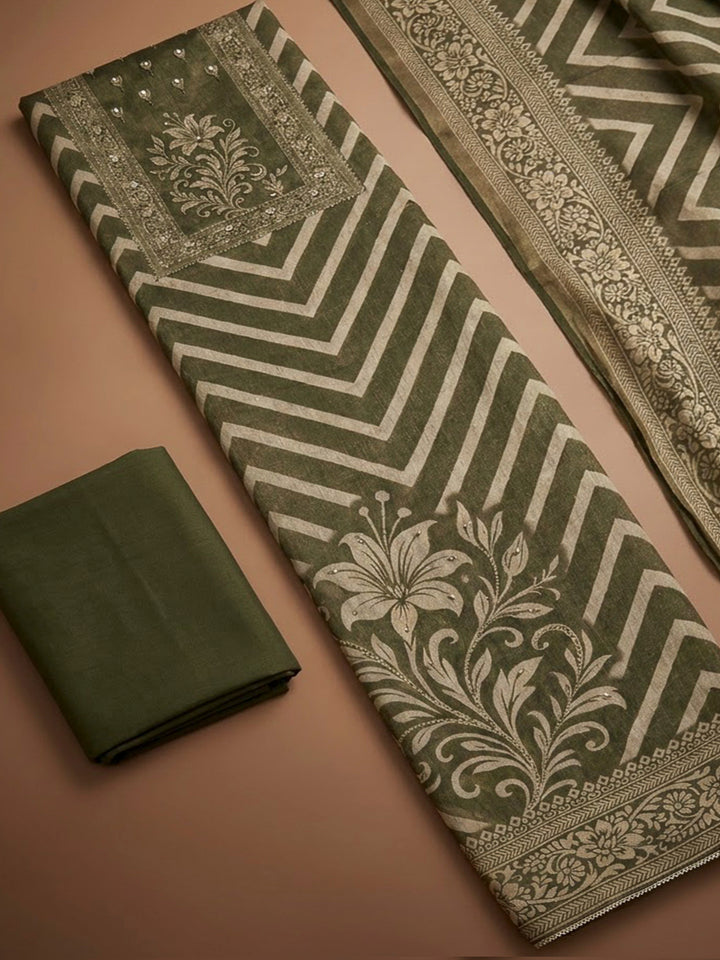 Green Linen Blend Printed Unstitched Dress Material