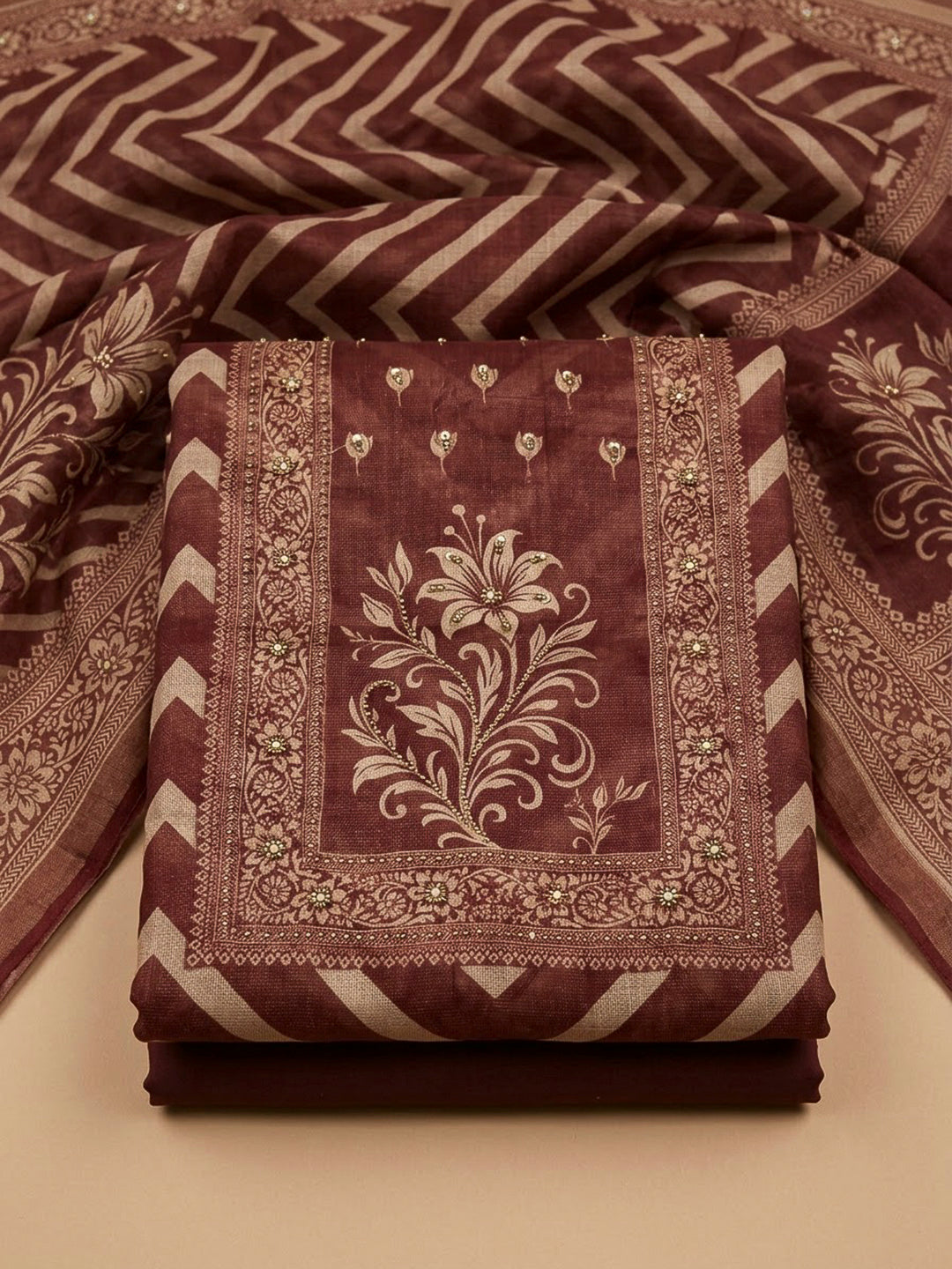 Maroon Linen Blend Printed Unstitched Dress Material