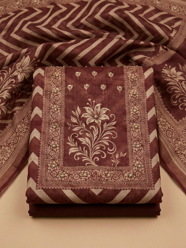 Maroon Linen Blend Printed Unstitched Dress Material