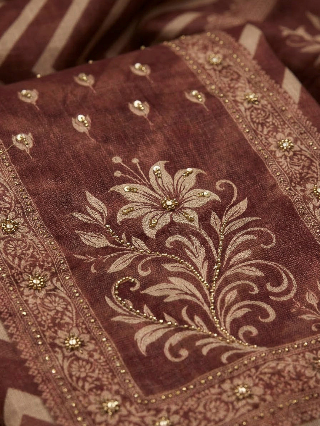 Maroon Linen Blend Printed Unstitched Dress Material