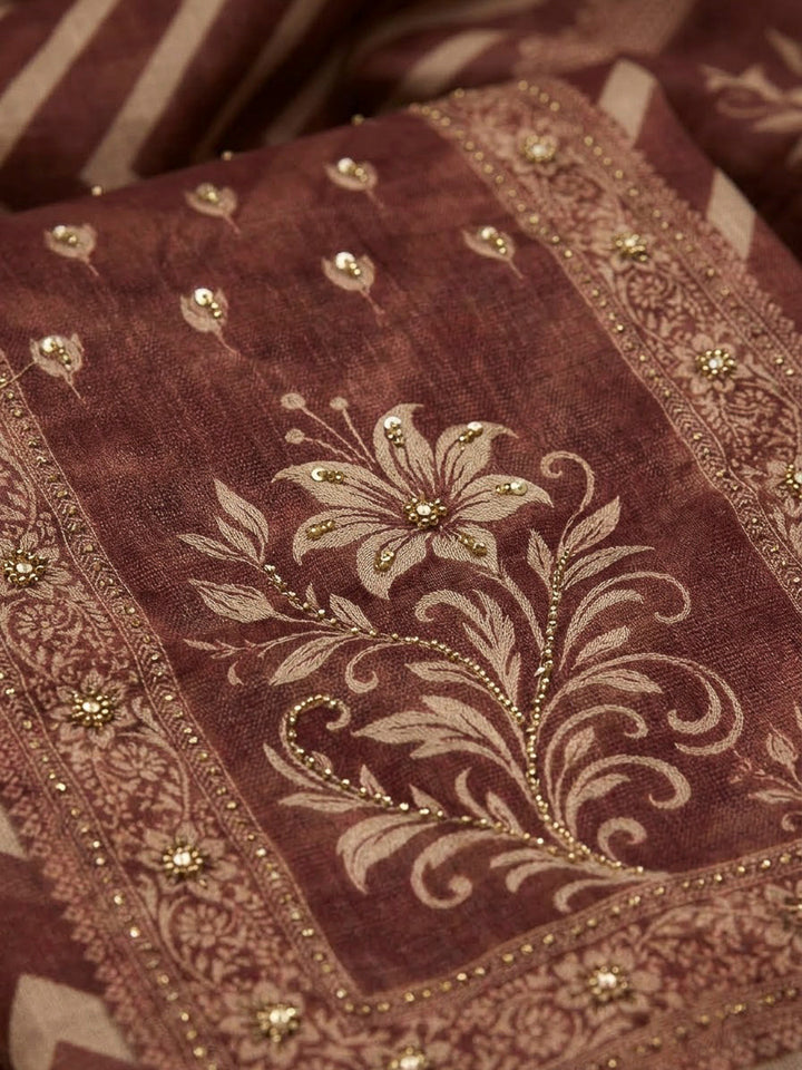 Maroon Linen Blend Printed Unstitched Dress Material