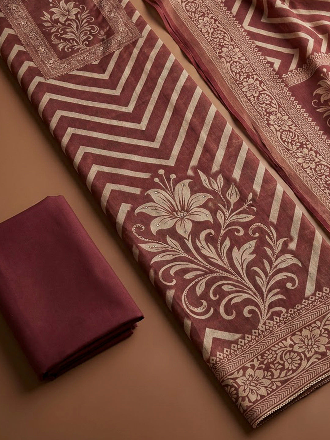 Maroon Linen Blend Printed Unstitched Dress Material