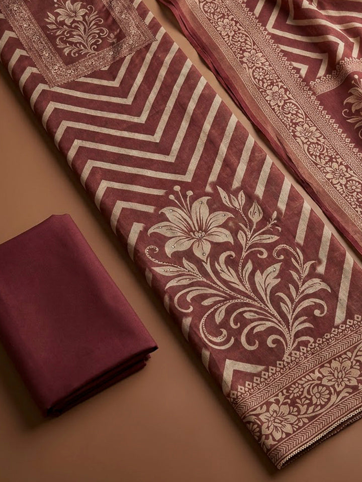 Maroon Linen Blend Printed Unstitched Dress Material
