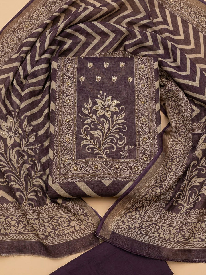 Wine Linen Blend Printed Unstitched Dress Material