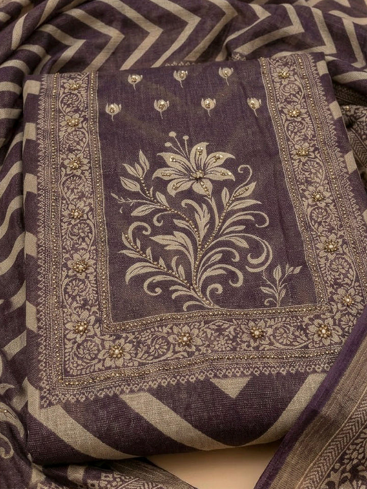 Wine Linen Blend Printed Unstitched Dress Material