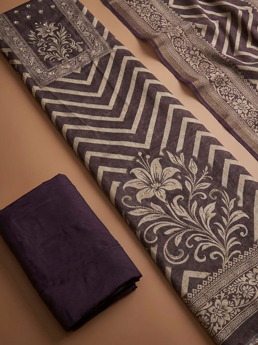 Wine Linen Blend Printed Unstitched Dress Material