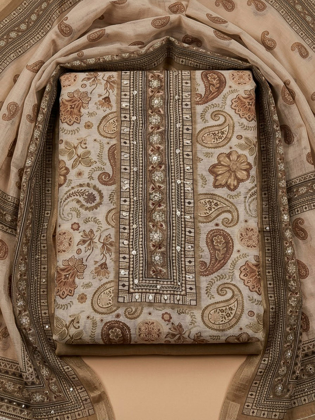 Beige Chanderi Printed Unstitched Dress Material