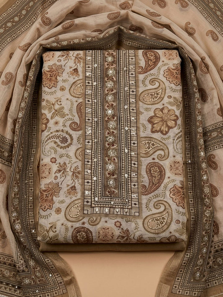Beige Chanderi Printed Unstitched Dress Material
