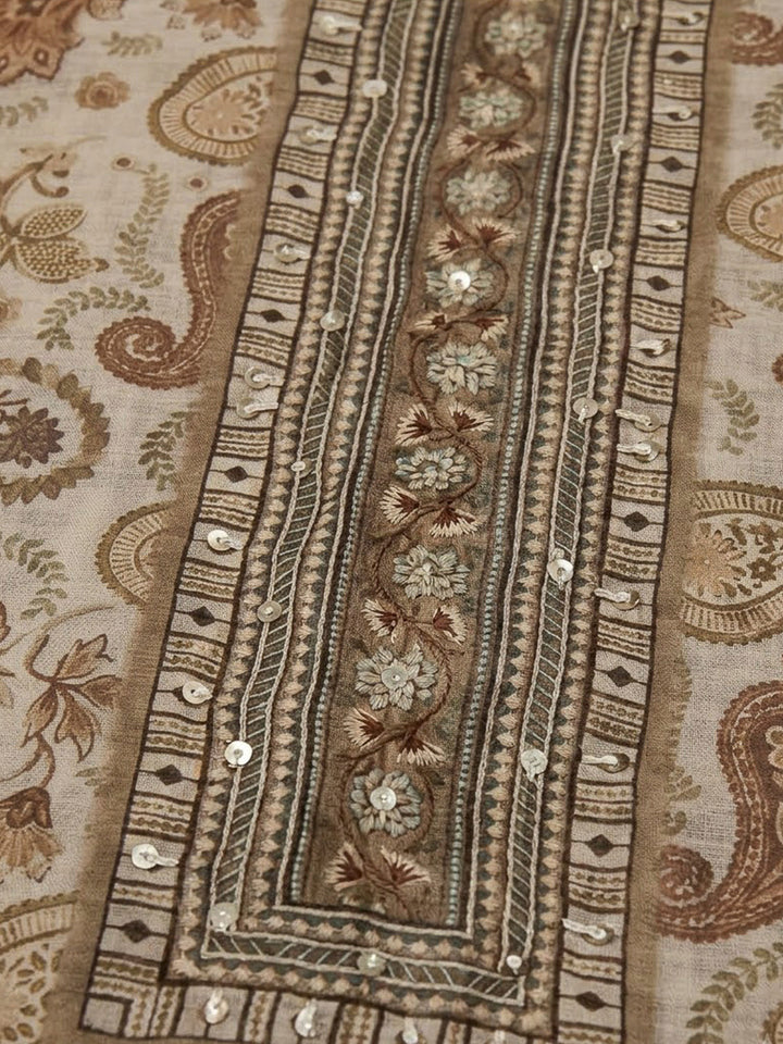 Beige Chanderi Printed Unstitched Dress Material