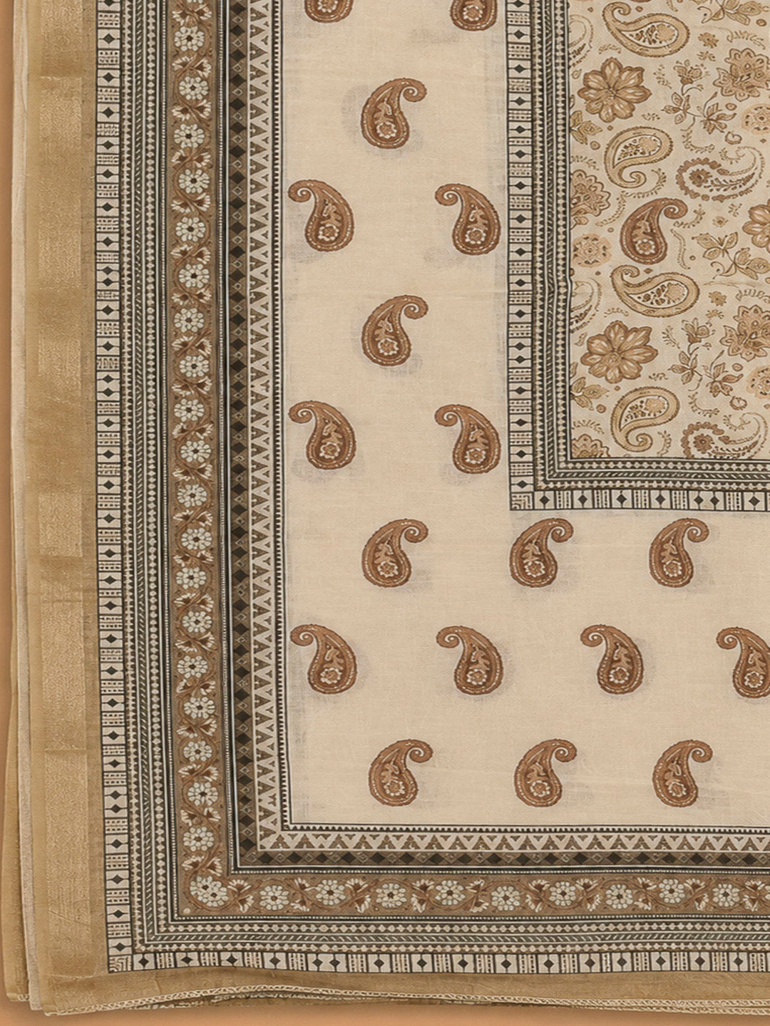 Beige Chanderi Printed Unstitched Dress Material