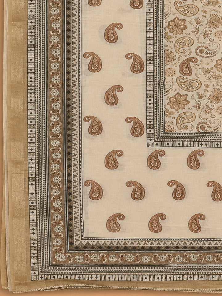 Beige Chanderi Printed Unstitched Dress Material