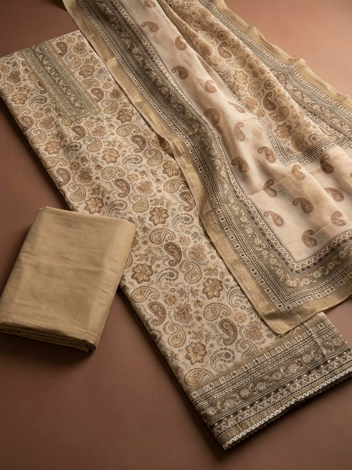 Beige Chanderi Printed Unstitched Dress Material