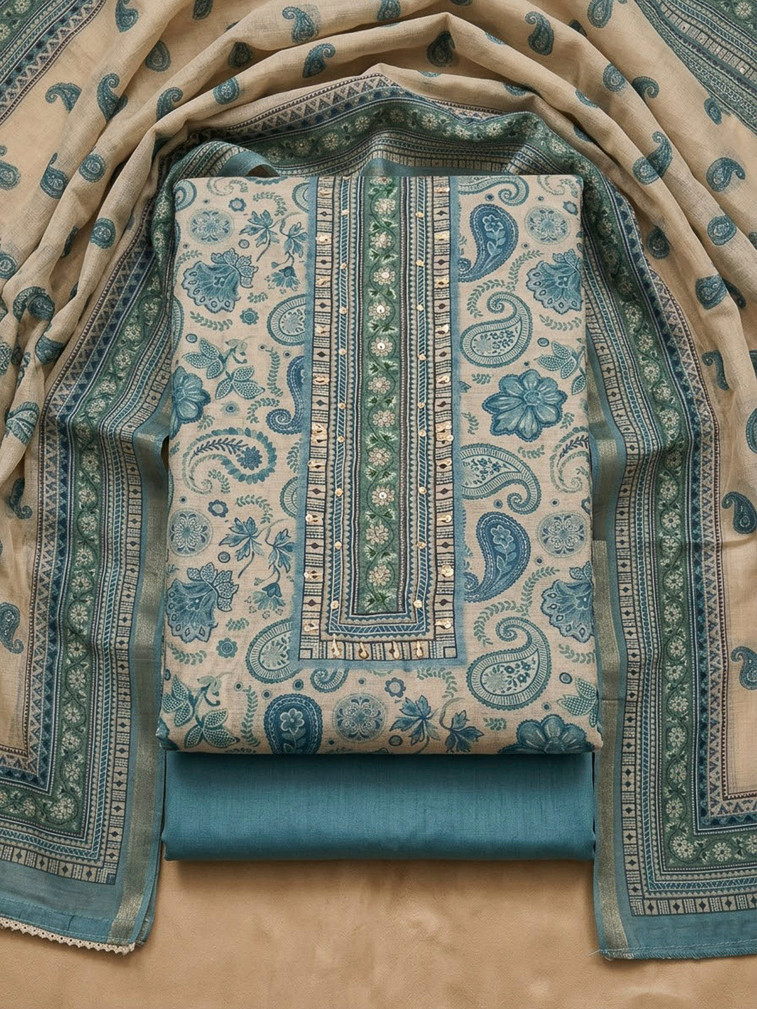 Blue Chanderi Printed Unstitched Dress Material