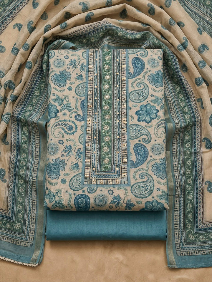 Blue Chanderi Printed Unstitched Dress Material