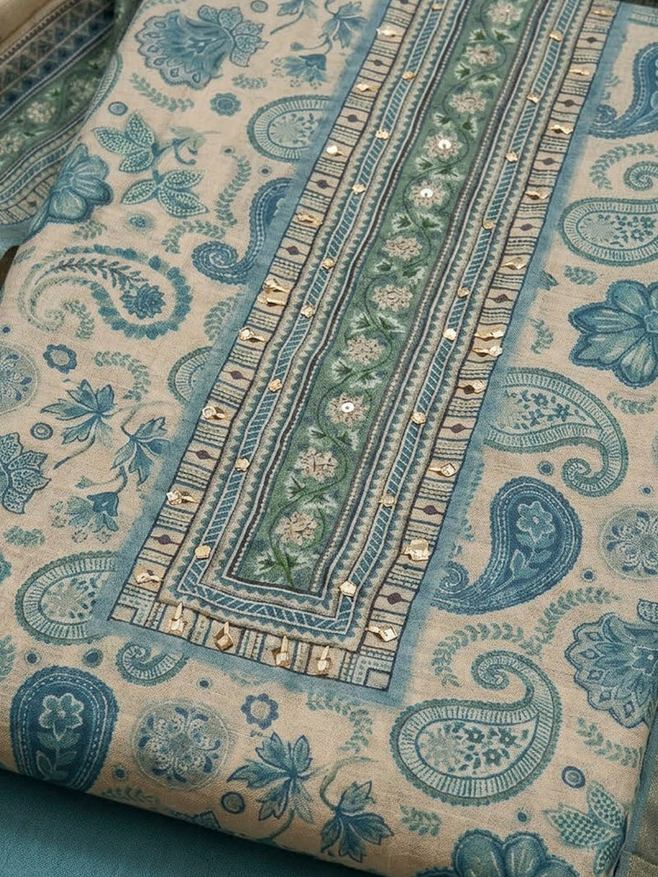 Blue Chanderi Printed Unstitched Dress Material