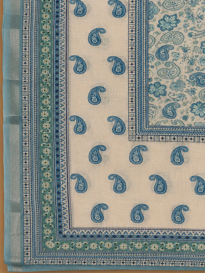 Blue Chanderi Printed Unstitched Dress Material