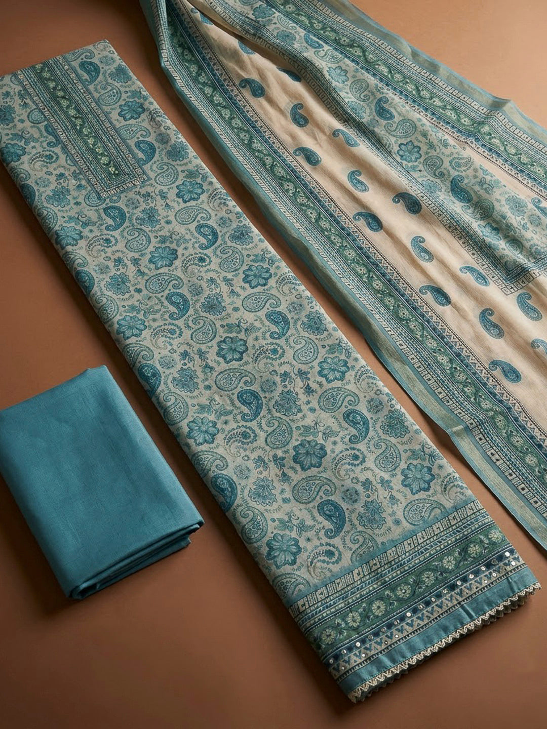 Blue Chanderi Printed Unstitched Dress Material