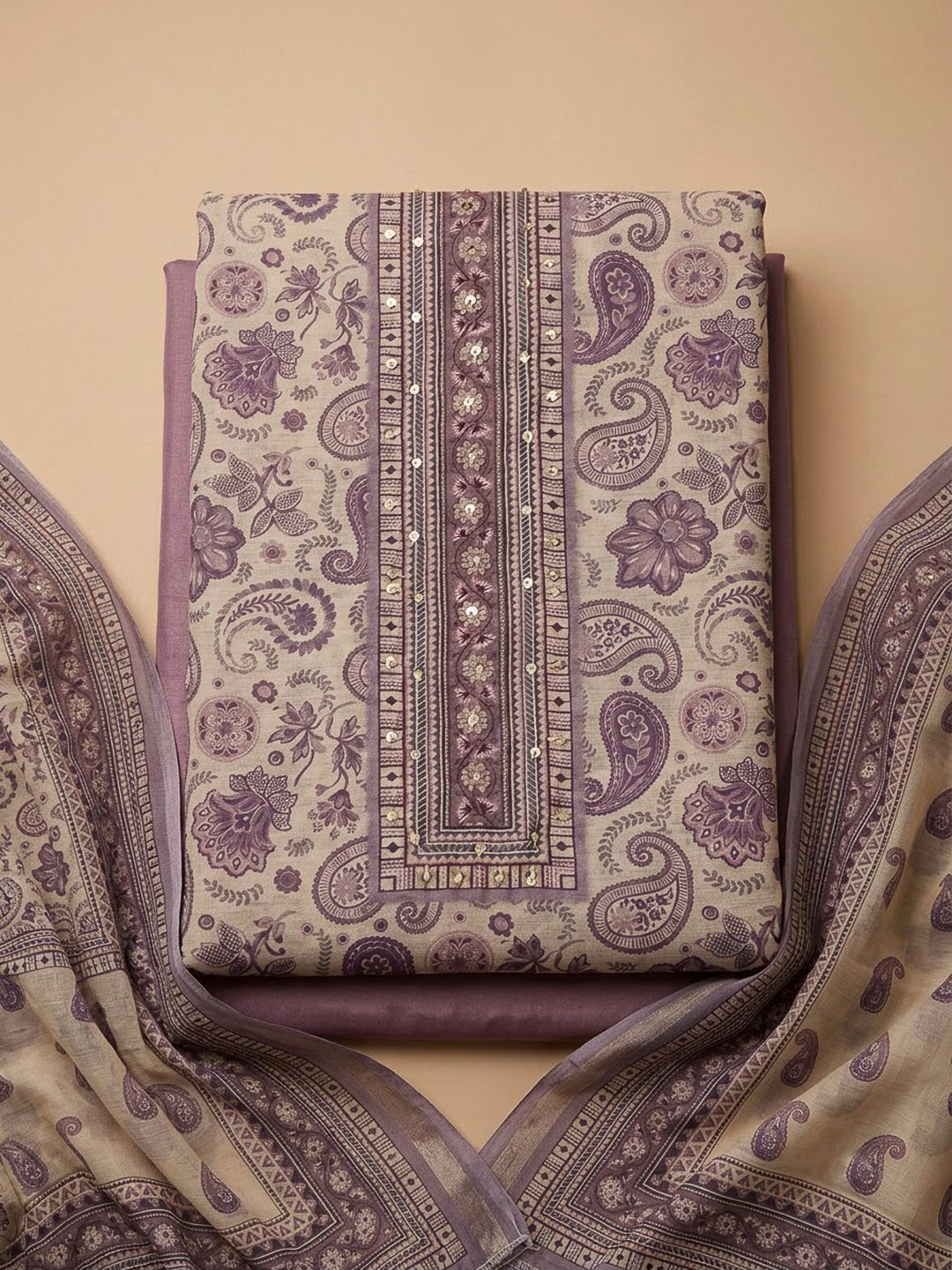 Lavender Chanderi Printed Unstitched Dress Material
