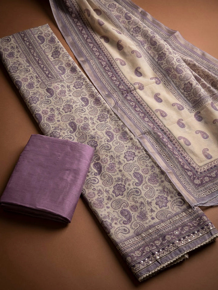 Lavender Chanderi Printed Unstitched Dress Material