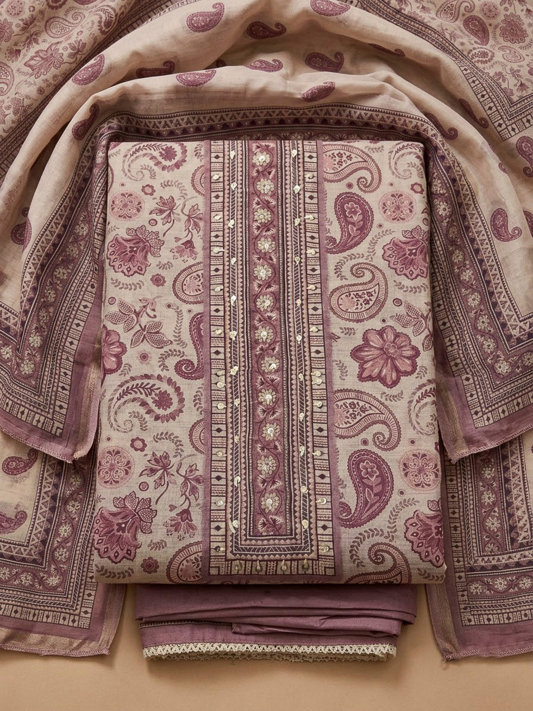 Onion Pink Chanderi Printed Unstitched Dress Material