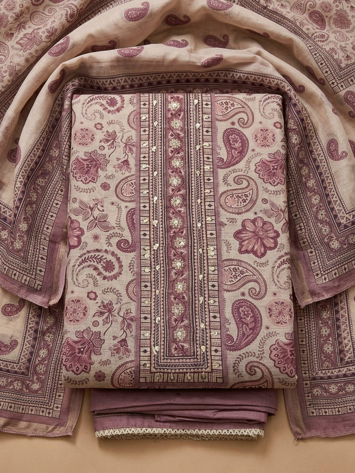 Onion Pink Chanderi Printed Unstitched Dress Material