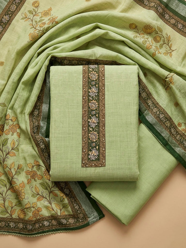 Pista Green Chanderi Embroidered Unstitched Dress Material