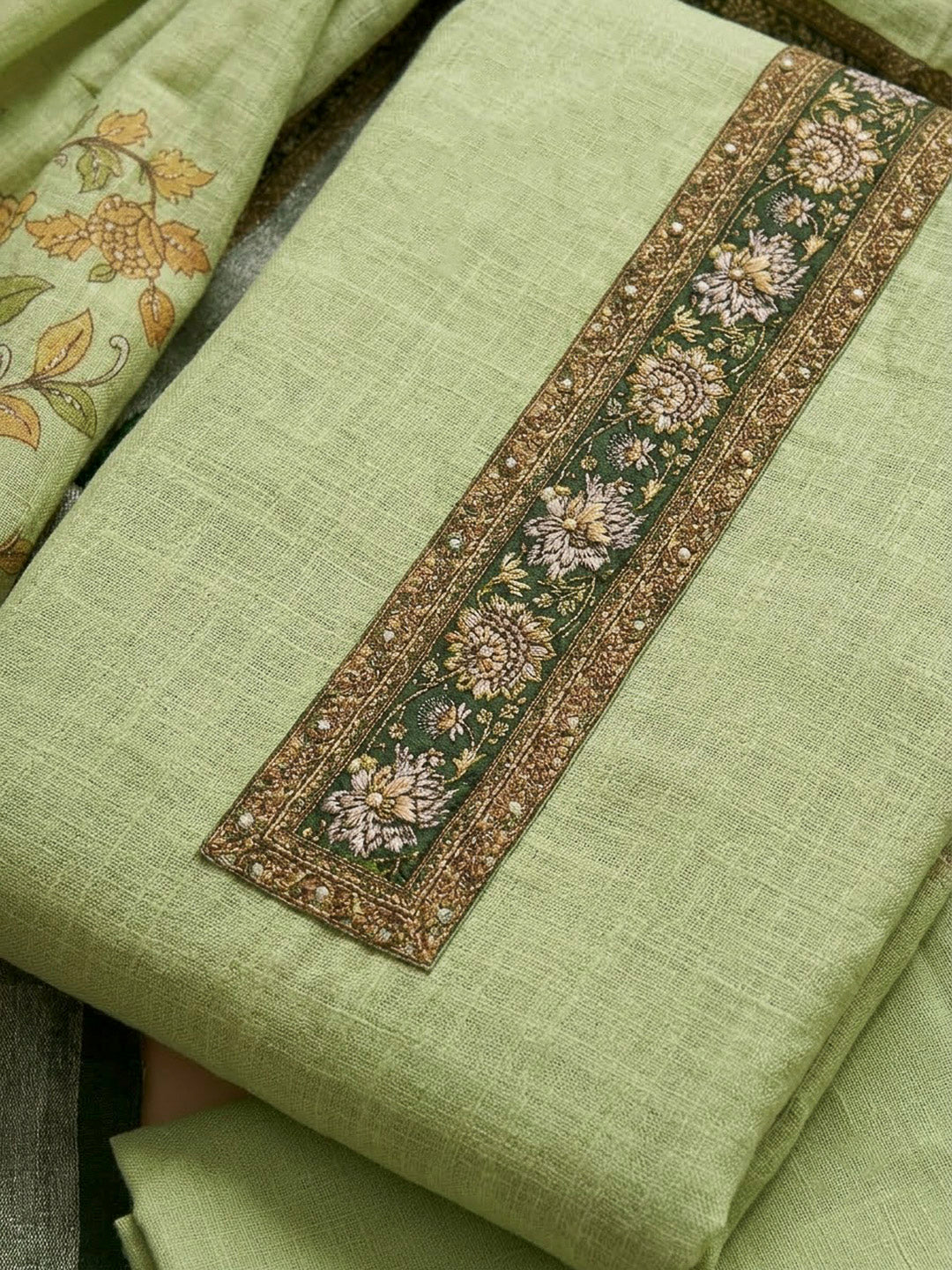Pista Green Chanderi Embroidered Unstitched Dress Material