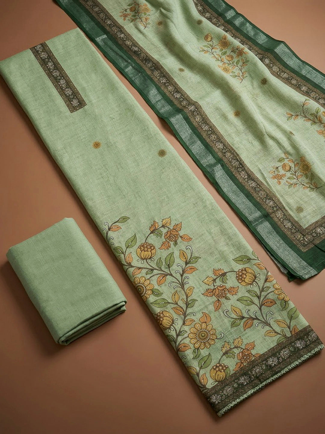 Pista Green Chanderi Embroidered Unstitched Dress Material