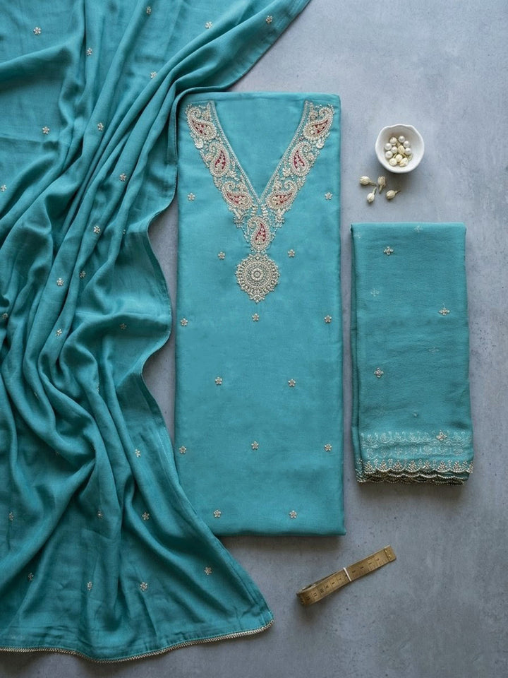 Turquoise Embroidered Cotton Blend Unstitched Suit With Pant &amp; Dupatta