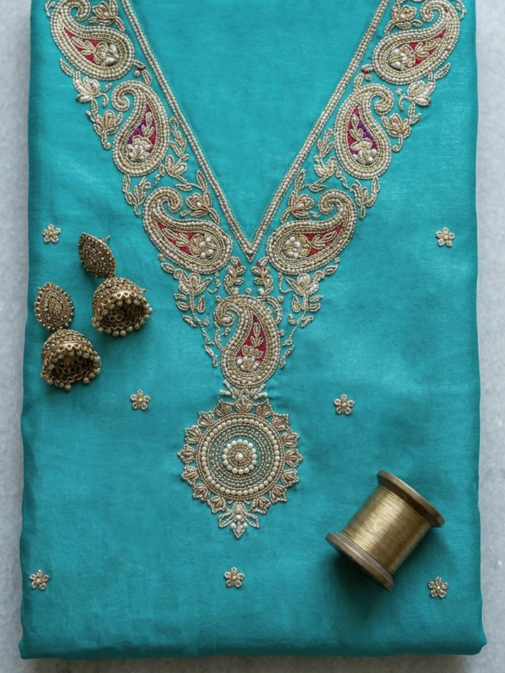 Turquoise Embroidered Cotton Blend Unstitched Suit With Pant &amp; Dupatta
