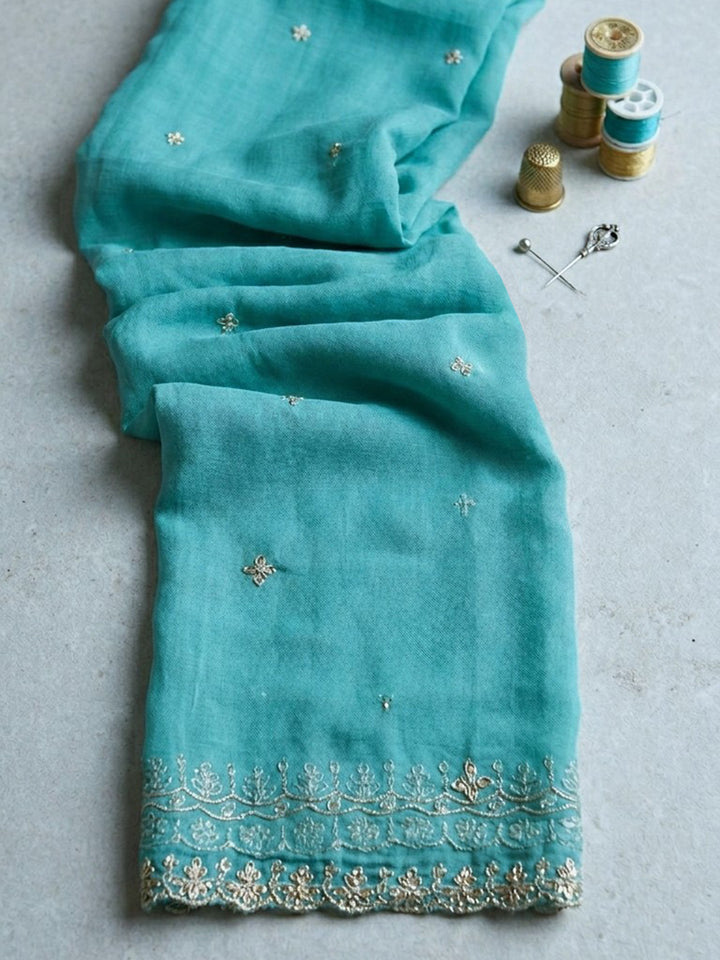 Turquoise Embroidered Cotton Blend Unstitched Suit With Pant &amp; Dupatta