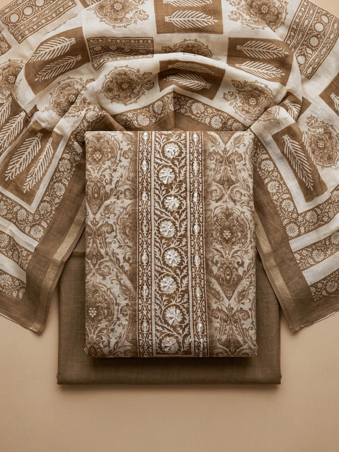 Beige  Chanderi Unstitched Dress Material