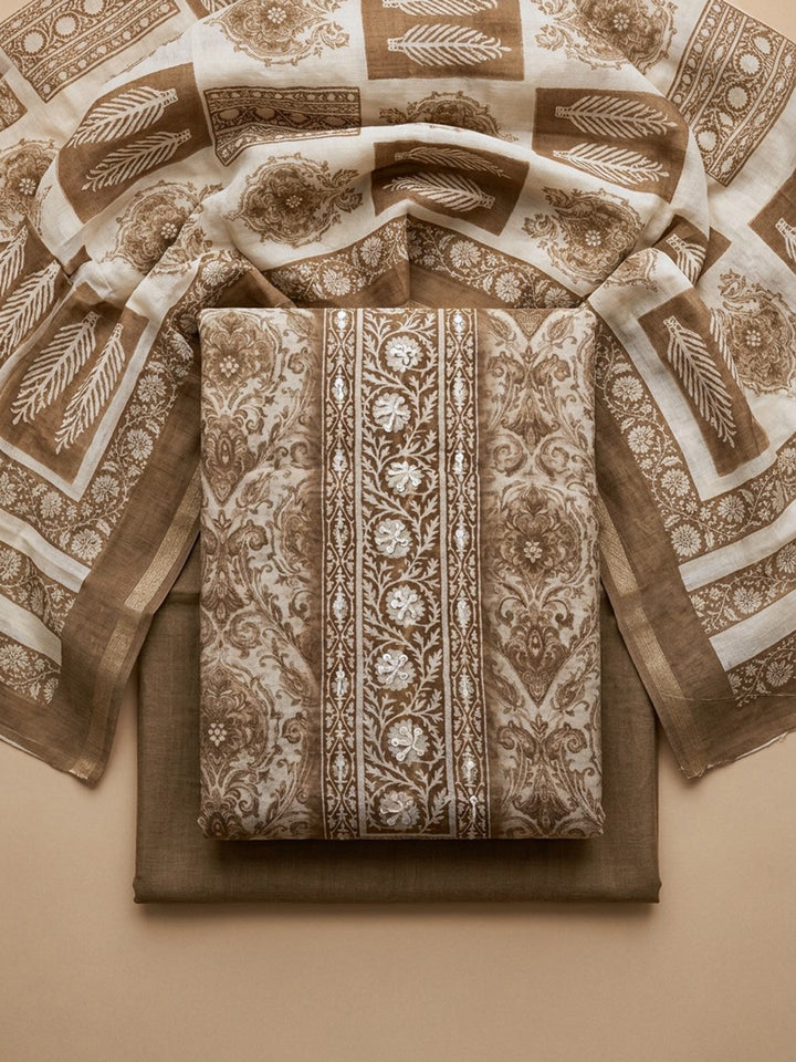 Beige  Chanderi Unstitched Dress Material
