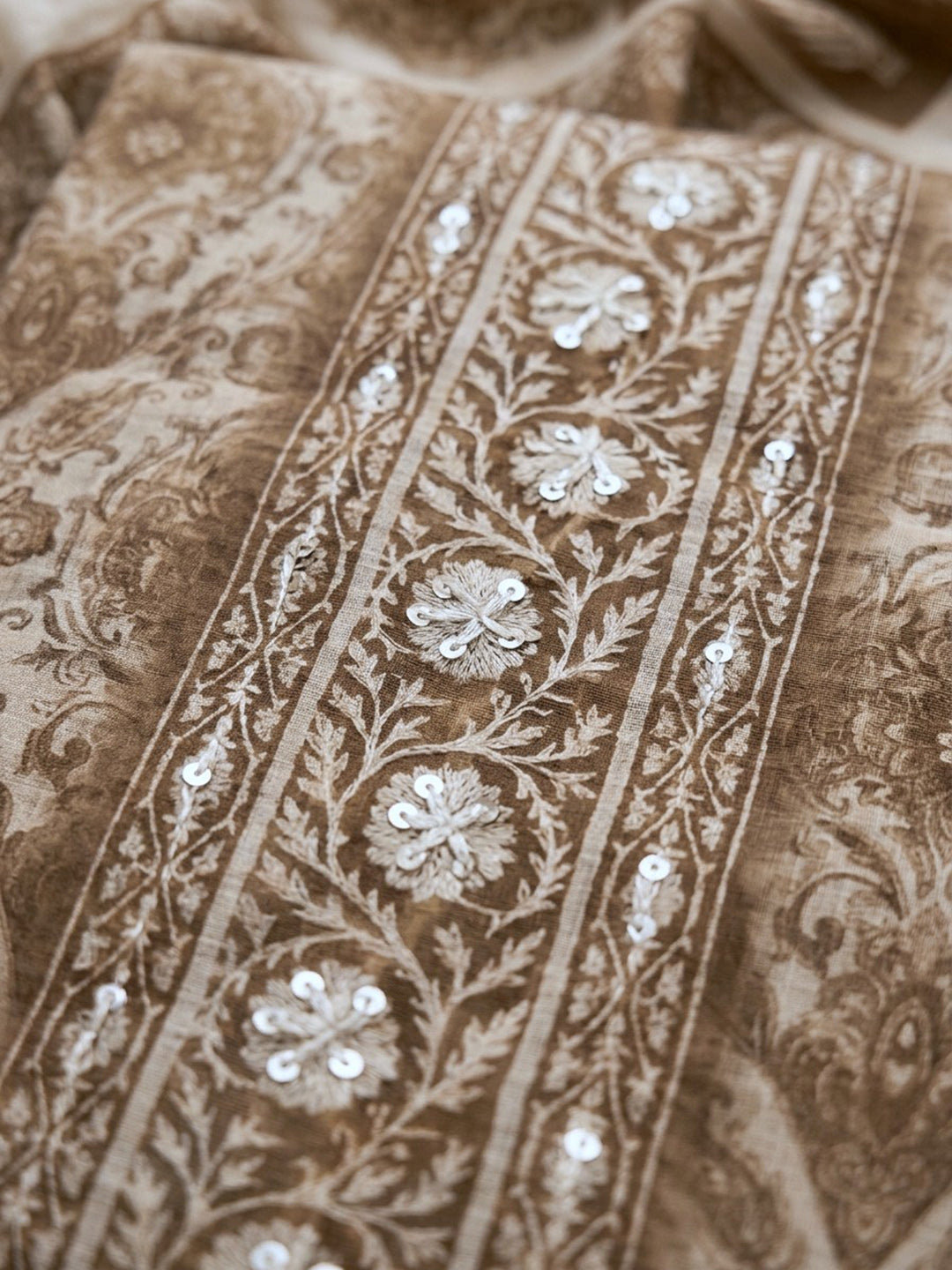 Beige  Chanderi Unstitched Dress Material