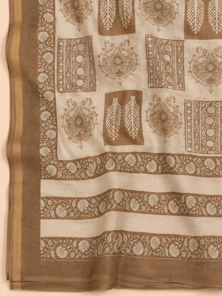 Beige  Chanderi Unstitched Dress Material