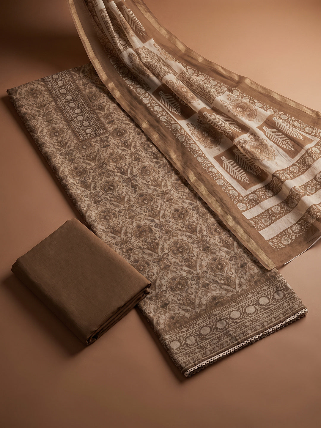 Beige  Chanderi Unstitched Dress Material