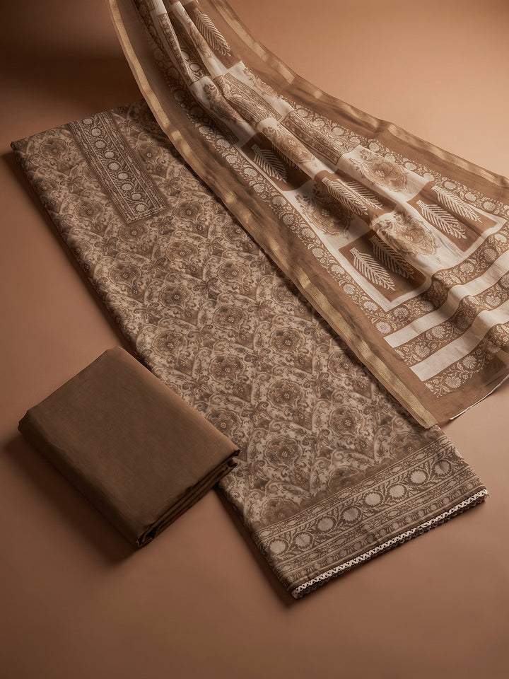 Beige  Chanderi Unstitched Dress Material