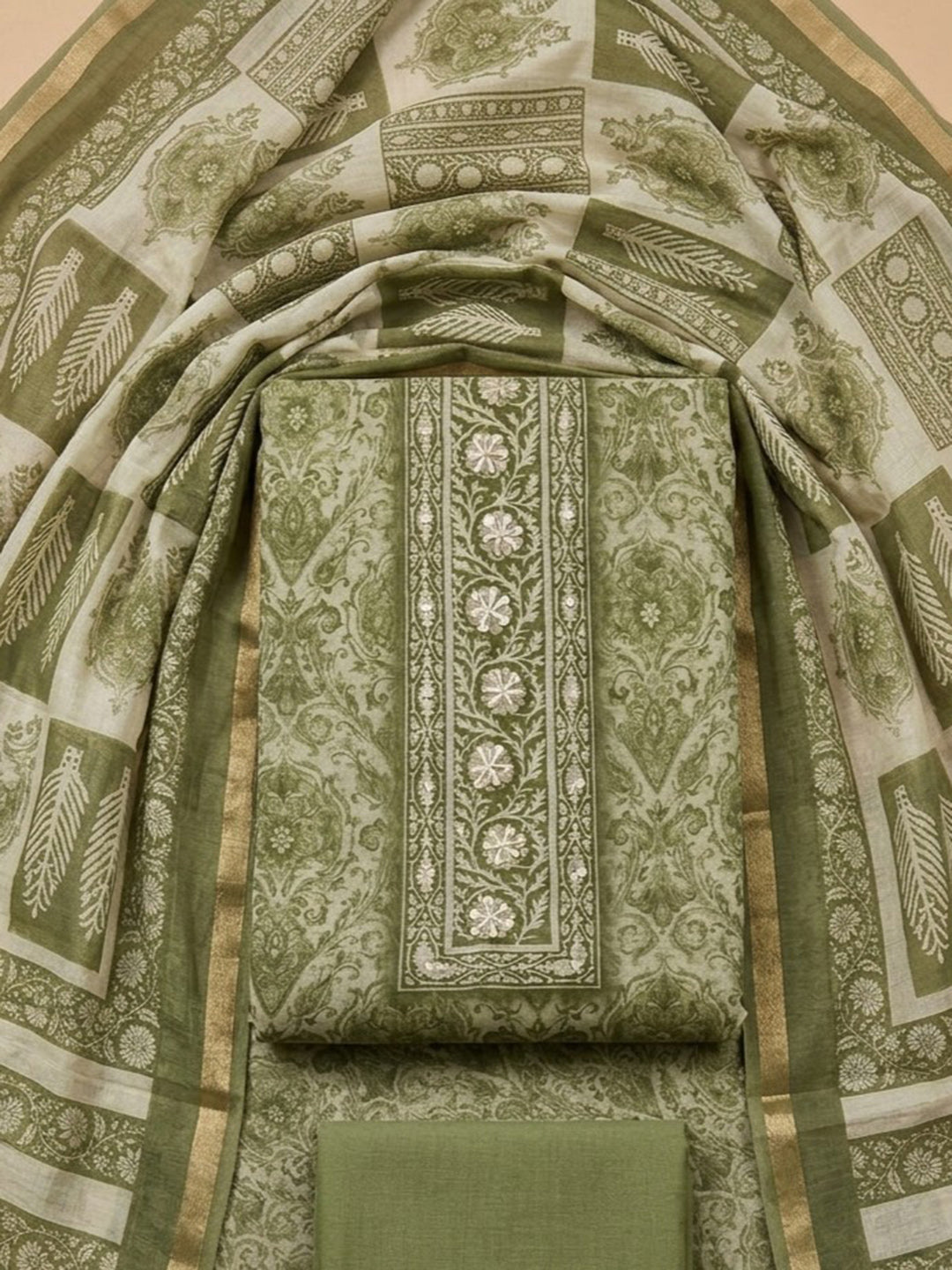 Pista Green  Chanderi Unstitched Dress Material