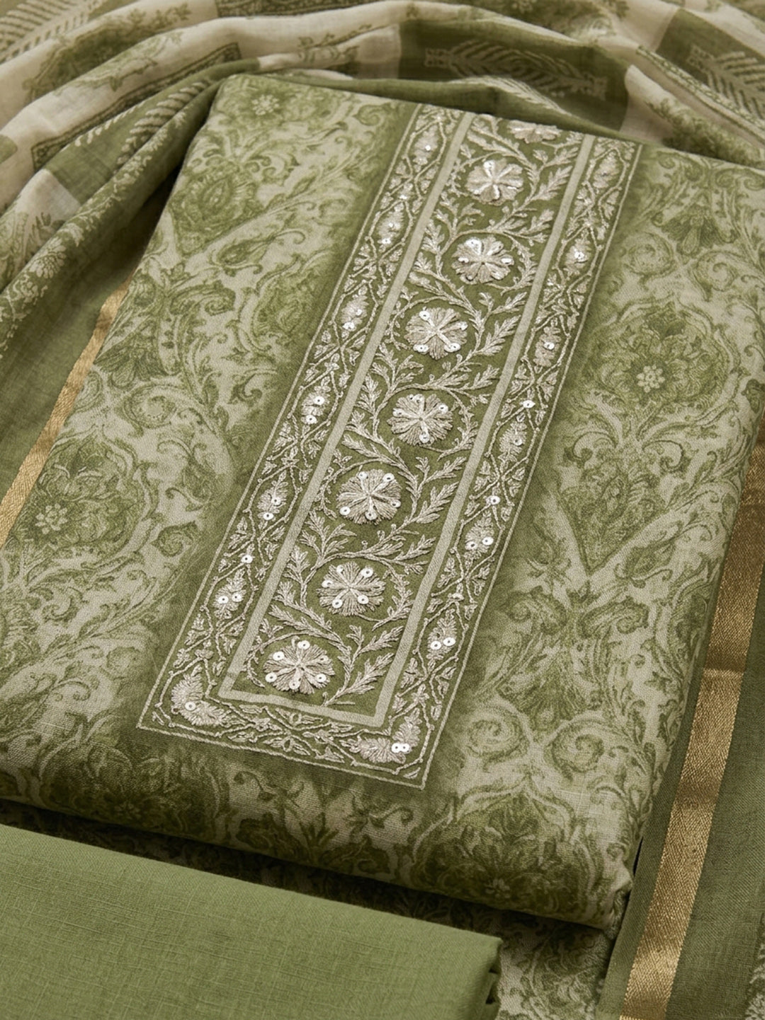 Pista Green  Chanderi Unstitched Dress Material