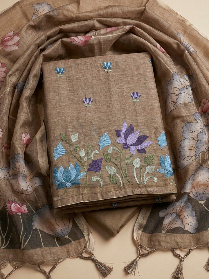 Beige Printed Chanderi Unstitched Dress Material