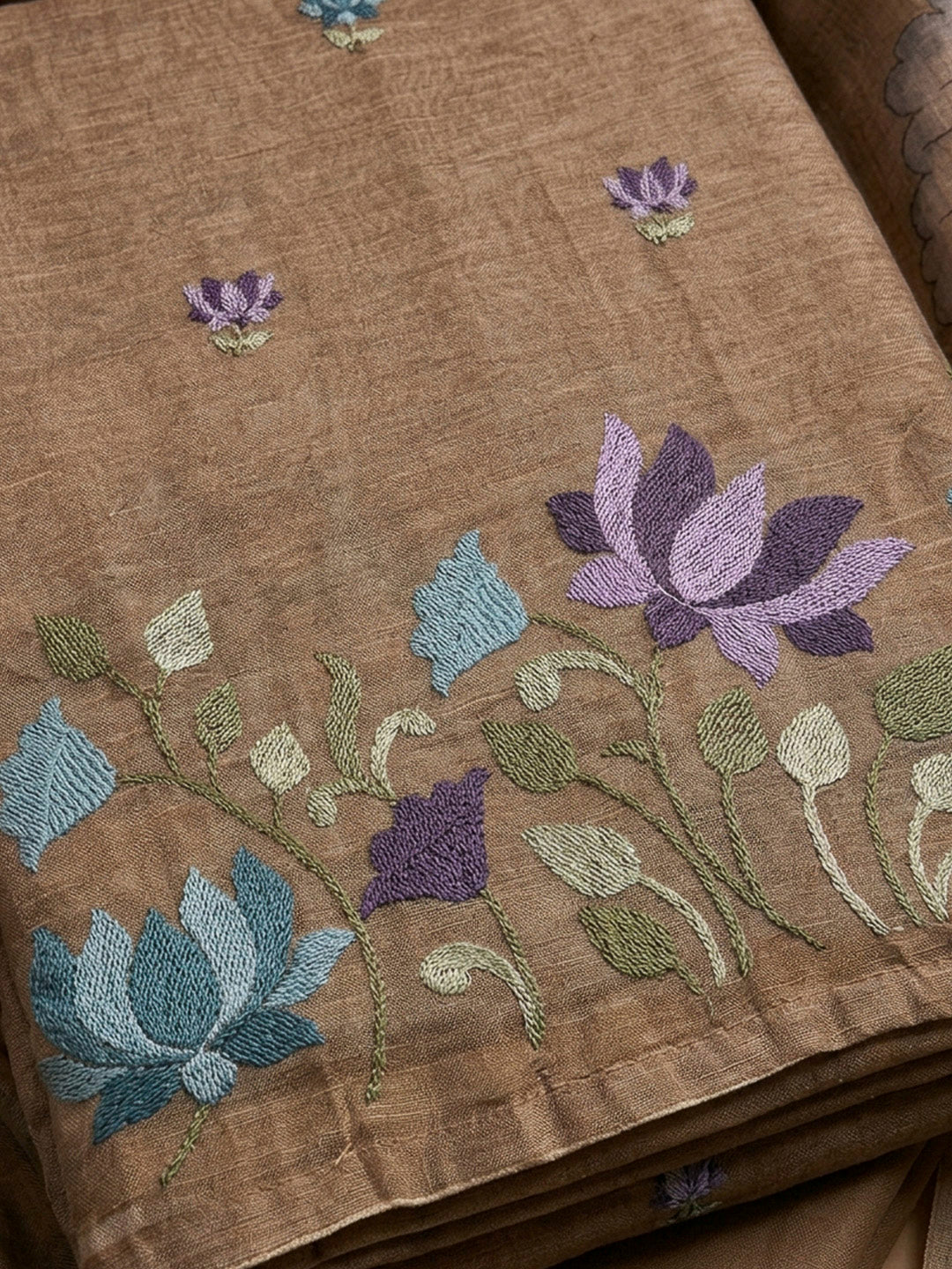 Beige Printed Chanderi Unstitched Dress Material