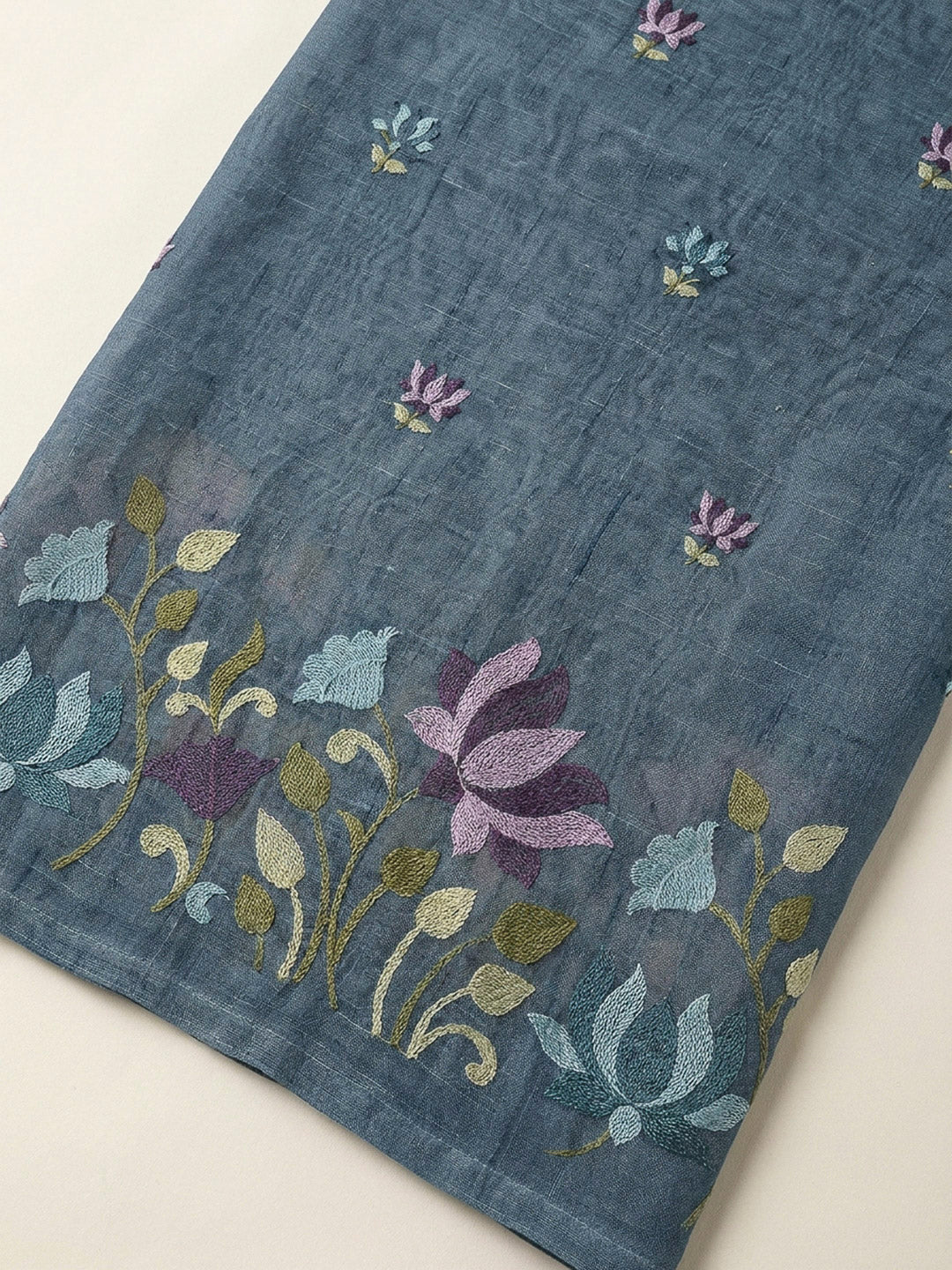 Grey Printed Chanderi Unstitched Dress Material
