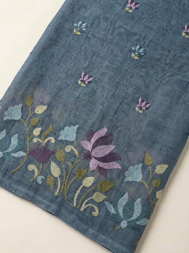 Grey Printed Chanderi Unstitched Dress Material