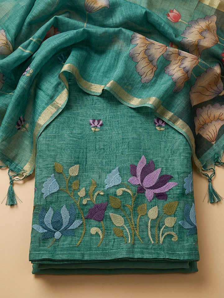 Rama Green Printed Chanderi Unstitched Dress Material