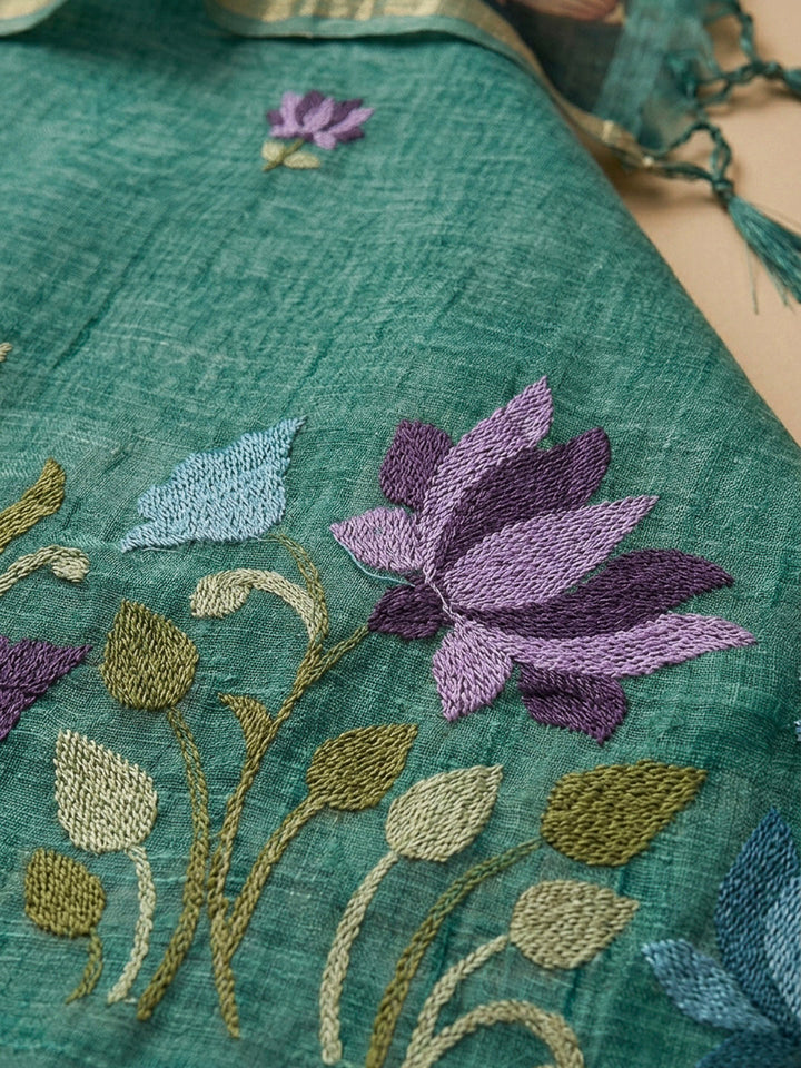Rama Green Printed Chanderi Unstitched Dress Material