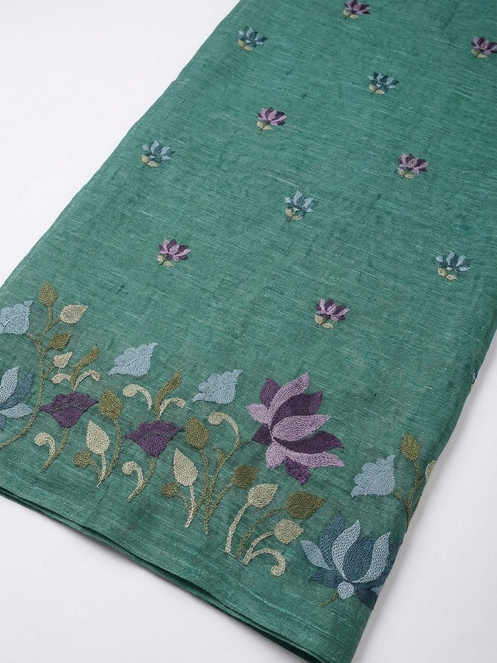 Rama Green Printed Chanderi Unstitched Dress Material